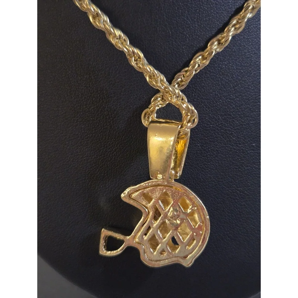 Iced Cz‎ 14k Gold Plated Football Player Helmet Pendant 24 Rope Chain Necklace